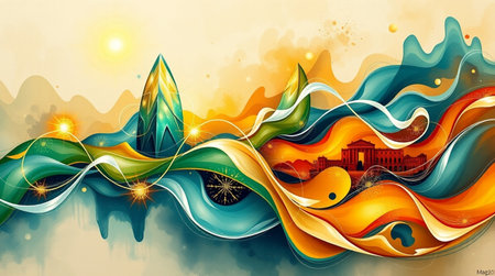 abstract background with colorful wave and cityscape, vector illustration.