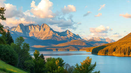 Mountains and lake in Canadian Rockies at sunset, Alberta, Canada