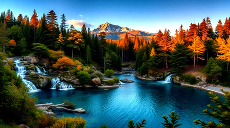 Beautiful autumn landscape with mountain lake and forest at sunset time.の写真素材
