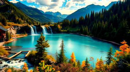 Beautiful alpine lake with waterfall in Dolomites, Italyの写真素材