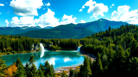 Waterfall in the mountains. Waterfall in the valley of the river.の写真素材