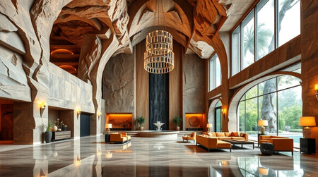 3D rendering of a hotel lobby with a marble floor and orange armchairsの写真素材