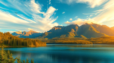 Mountains and lake in Canadian Rockies at sunset, Alberta, Canada