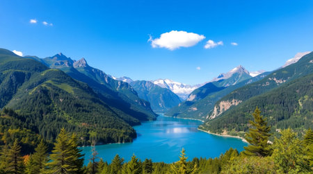 Panoramic view of the lake and mountainsの写真素材