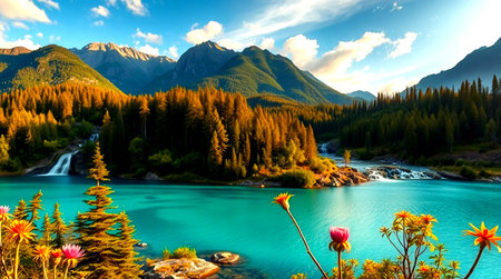 Panoramic view of beautiful alpine lake. Location place Altai, Russia, Europe. Artistic style post processed photo. Beauty world.の写真素材