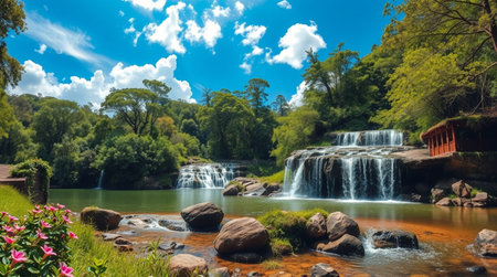 Panoramic view of the beautiful waterfall in the park with green treesの写真素材