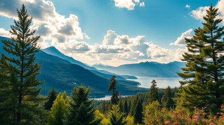 Beautiful mountain landscape with forest and lake. Panoramic view.の写真素材