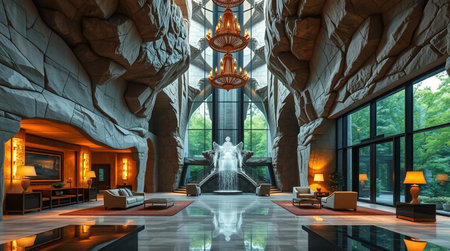 3D rendering of the interior of a museum with a fountain.の写真素材