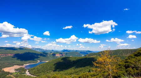 Panoramic view of the valley and the river in the mountainsの写真素材