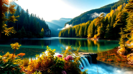 Autumn alpine lake in the mountains. The concept of active and ecological tourismの写真素材