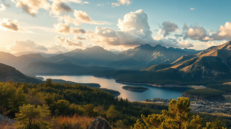 Panoramic view of the lake, mountains and forest at sunset