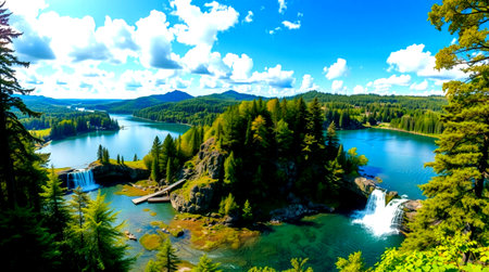 Panoramic view of the lake in the mountains. Beautiful landscape.