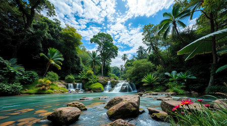 Panorama of waterfall in the tropical forest with palm trees and flowersの写真素材