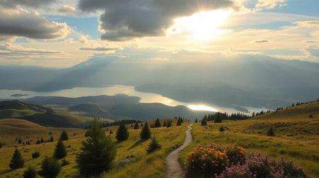 Sunset over the lake in the Carpathian Mountains, Ukraine