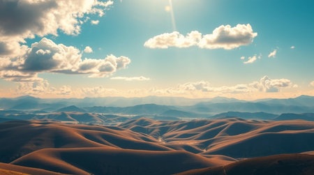 Mountain sand dunes landscape at sunset. 3d render illustrationの写真素材