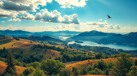 Panoramic view of the lake and mountains. Summer landscape.