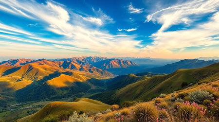 Mountain landscape at sunset. Panoramic view of the mountains.