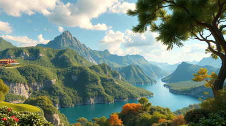Beautiful view of the lake and mountains. 3d rendering.の写真素材