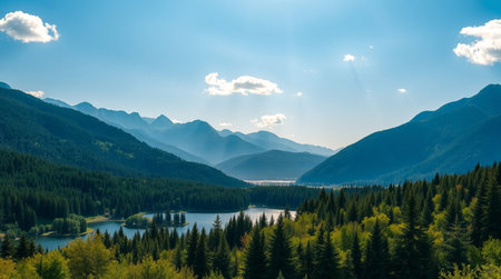 Beautiful mountain landscape with lake and forest at sunset. View of the mountains.
