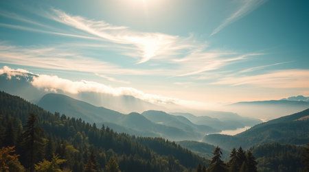 Beautiful mountain landscape with fog in Carpathian mountains, Ukraineの写真素材