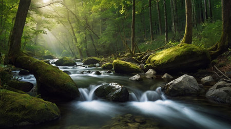 Stream in the green forest. Soft focus, long shutter speed.の写真素材