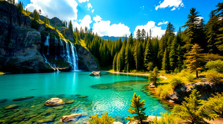 Waterfall in the mountains of the Canadian Rockies. The concept of active and photo tourismの写真素材