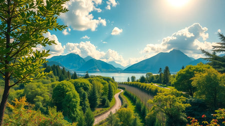 Panoramic view of Lake Lucerne and Alps mountains in Switzerlandの写真素材
