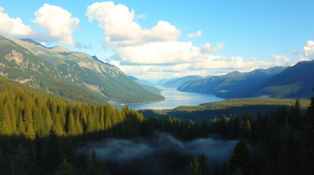 Mountain landscape with lake and forest. Panoramic view.の写真素材