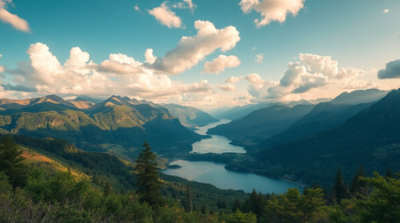 Beautiful mountain landscape with lake and blue sky with clouds. Nature background.