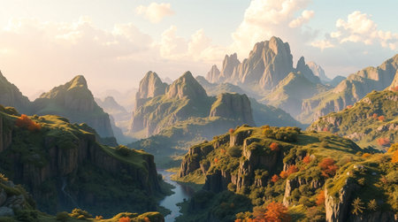 Beautiful autumn landscape in the mountains. 3d render illustration.の写真素材