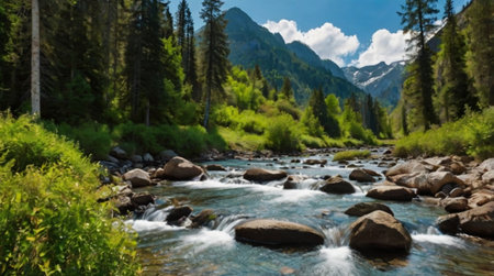Panoramic view of the mountain river in the Altai mountainsの写真素材