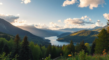 Mountain landscape with lake and forest at sunset. Panoramic viewの写真素材