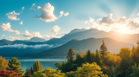 Panoramic view of the lake and the mountains in the morning.の写真素材