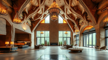 Interior of a hotel lobby with wooden ceiling and arched ceilingの写真素材