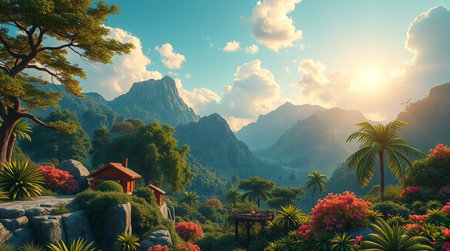 Beautiful landscape with mountain and red pagoda.3d renderの写真素材