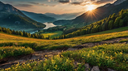 Panoramic view of idyllic alpine valley at sunsetの写真素材