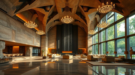 3D CG rendering of Modern luxury restaurant with high ceiling and wooden floorの写真素材