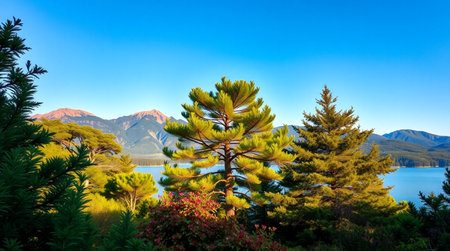 Pine tree on the shore of Queenstown lake, New Zealandの写真素材