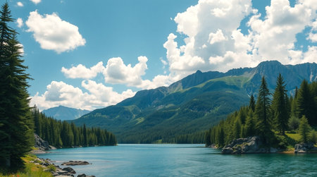 Panoramic view of a mountain lake surrounded by coniferous forest