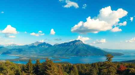 Panoramic view of Lake Kawaguchiko, Japan.の写真素材