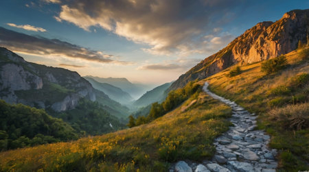 Panoramic view of a path in the mountains at sunset.の写真素材