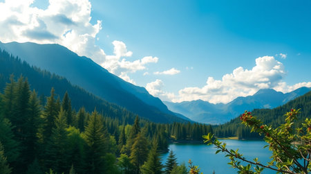 Panoramic view of mountain lake and pine forest on background.の写真素材