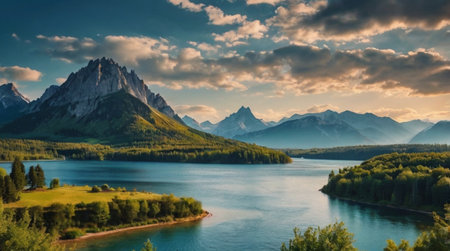 panoramic view of alpine lake and mountains at sunset in summerの写真素材
