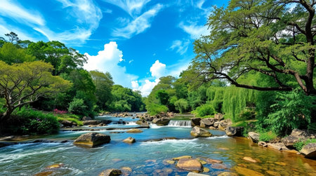 Landscape view of a river flowing through a lush green forest.の写真素材