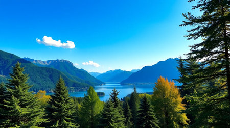 Beautiful alpine landscape with lake, mountains and conifer forest