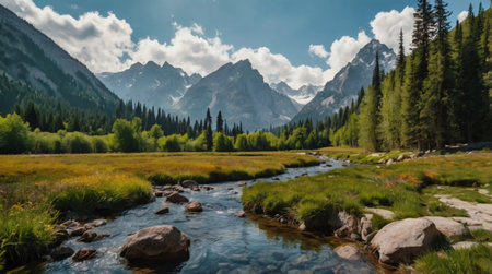 Panoramic view of the mountain river in the highlandsの写真素材