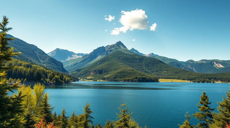 Beautiful alpine lake with mountains in the background.