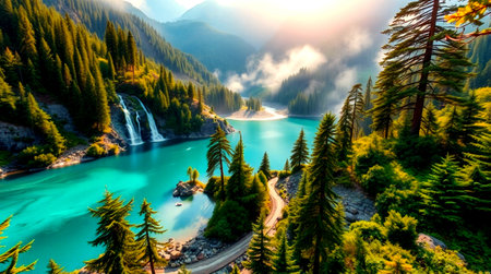 Fantastic panoramic view of the turquoise water of the mountain lake. Picturesque and gorgeous scene. Location place Dolomites, Italy, Europe. Artistic style post processed photo. Beauty world.の写真素材