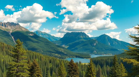 Panoramic view of the lake in the mountains in summer.