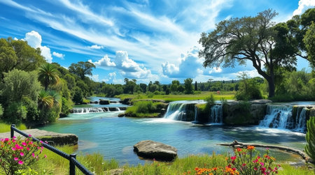 Beautiful panoramic view of the waterfalls on a sunny day.の写真素材